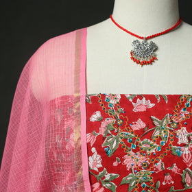 Red - Hand Embroidered Sanganeri Block Print Cotton 2pc Unstitched Dress Material Kurta Set with Jewellery 07