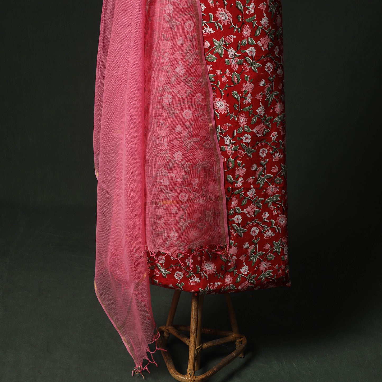 Red - Hand Embroidered Sanganeri Block Print Cotton 2pc Unstitched Dress Material Kurta Set with Jewellery 07