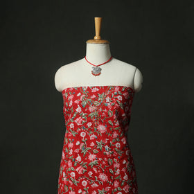 Red - Hand Embroidered Sanganeri Block Print Cotton 2pc Unstitched Dress Material Kurta Set with Jewellery 07