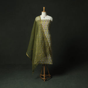 Green - Hand Embroidered Sanganeri Block Print Cotton 2pc Unstitched Dress Material Kurta Set with Jewellery 08