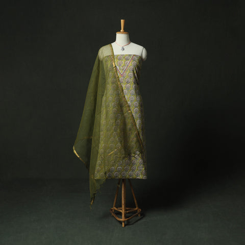 Green - Hand Embroidered Sanganeri Block Print Cotton 2pc Unstitched Dress Material Kurta Set with Jewellery 08