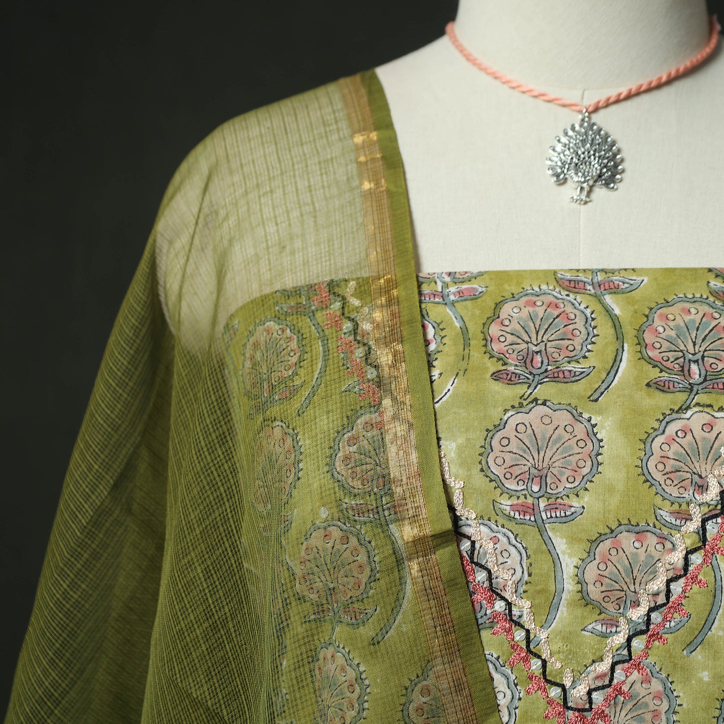 Green - Hand Embroidered Sanganeri Block Print Cotton 2pc Unstitched Dress Material Kurta Set with Jewellery 08