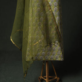 Green - Hand Embroidered Sanganeri Block Print Cotton 2pc Unstitched Dress Material Kurta Set with Jewellery 08