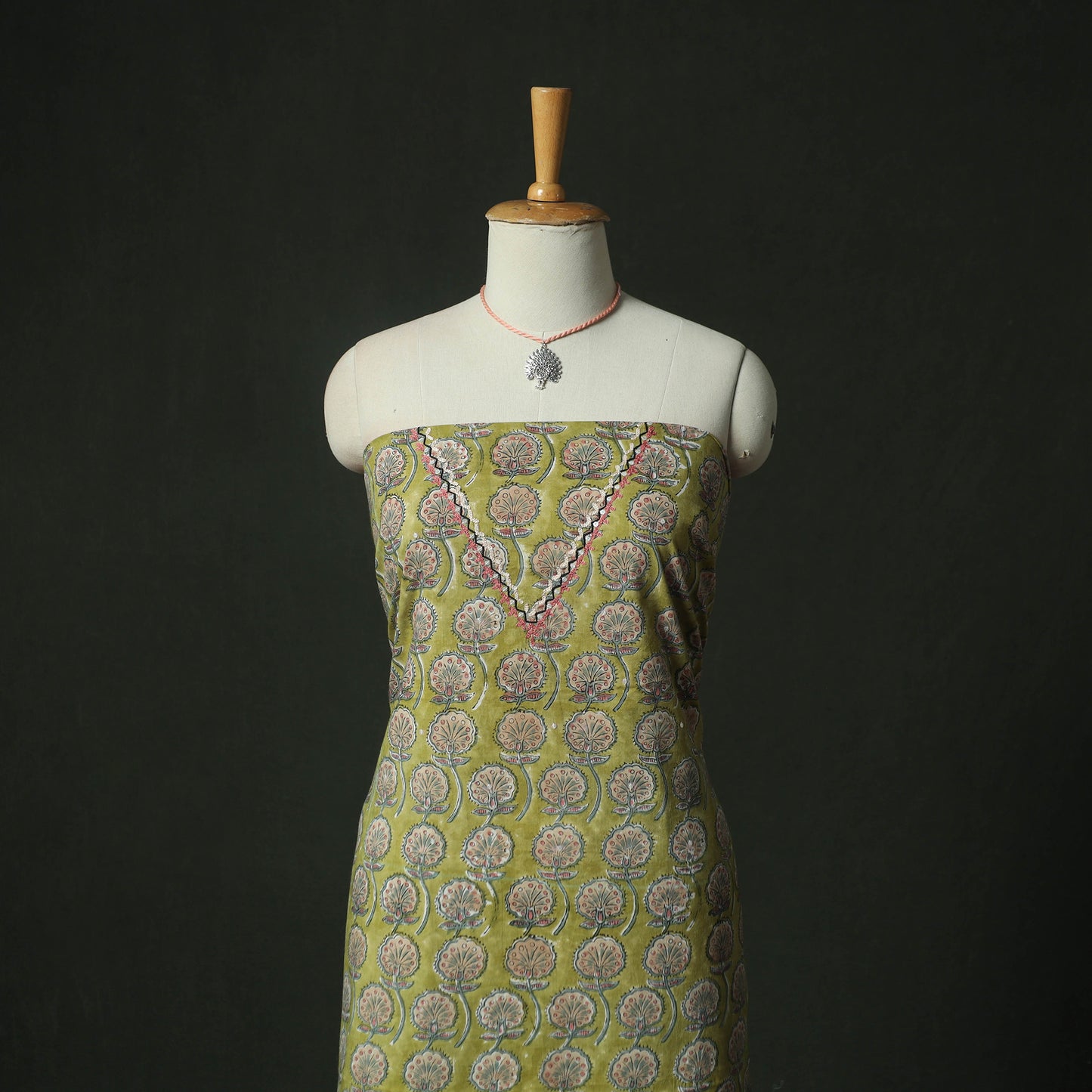 Green - Hand Embroidered Sanganeri Block Print Cotton 2pc Unstitched Dress Material Kurta Set with Jewellery 08