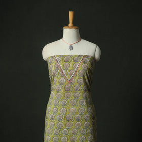 Green - Hand Embroidered Sanganeri Block Print Cotton 2pc Unstitched Dress Material Kurta Set with Jewellery 08