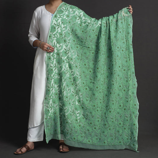 Green - Lucknow Chikankari Tepchi Embroidery Georgette Dupatta