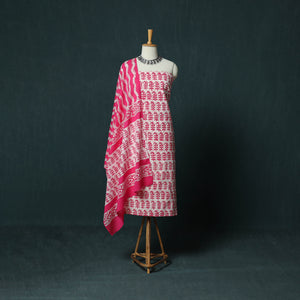 Pink - Kutch Hand Block Batik Print Cotton 3pc Unstitched Dress Material Suit Set 21