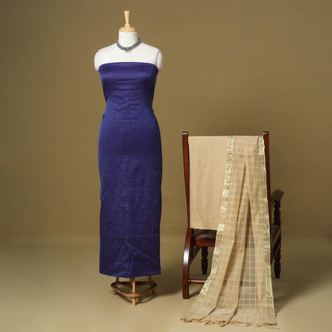 Blue - 3pc karnataka weave cotton unstitched khun dress