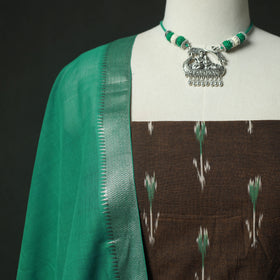Brown - Pochampally Ikat Weave Cotton 2pc Unstitched Dress Material Kurta Set with Jewellery 01