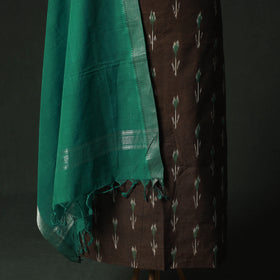 Brown - Pochampally Ikat Weave Cotton 2pc Unstitched Dress Material Kurta Set with Jewellery 01