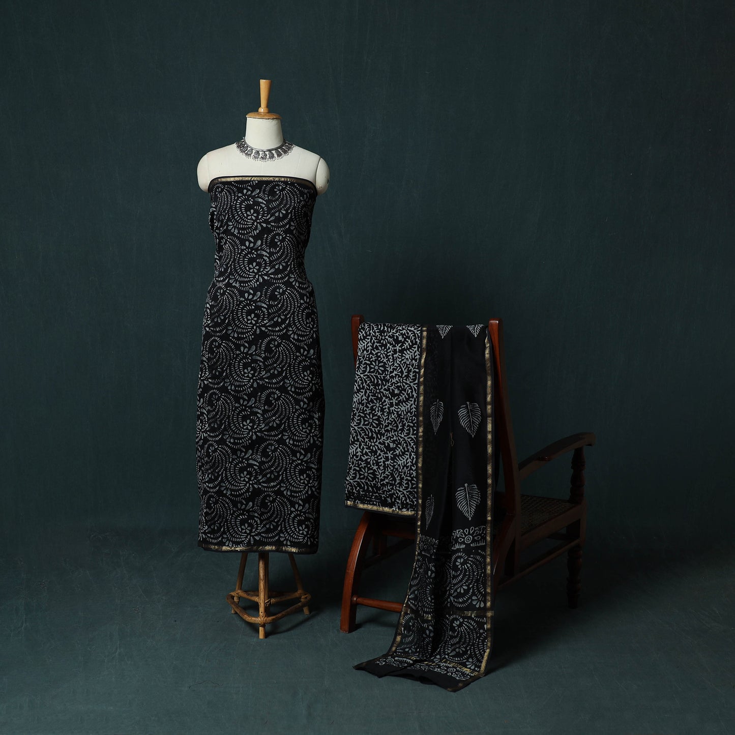 Black - 3pc Chanderi Silk Unstitched Hand Batik Print Dress Material 04