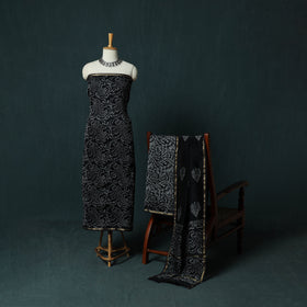 Black - 3pc Chanderi Silk Unstitched Hand Batik Print Dress Material 04