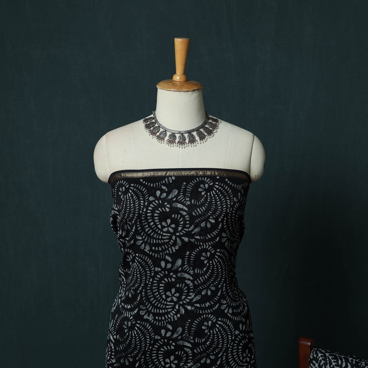 Black - 3pc Chanderi Silk Unstitched Hand Batik Print Dress Material 04