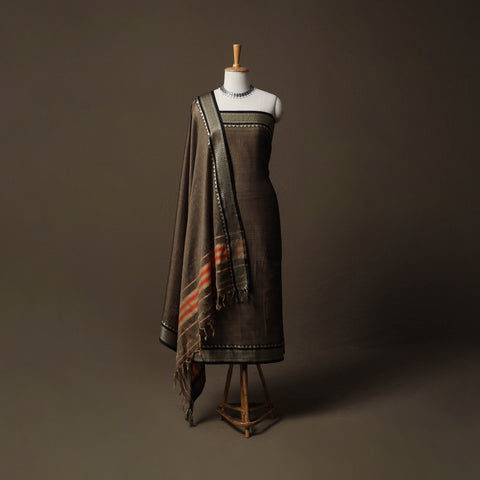 Brown - Dharwad Mercerised Cotton 3pc Unstitched Dress Material Suit Set with Woven Border 49