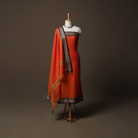 Orange - Dharwad Mercerised Cotton 3pc Unstitched Dress Material Suit Set with Woven Border 50