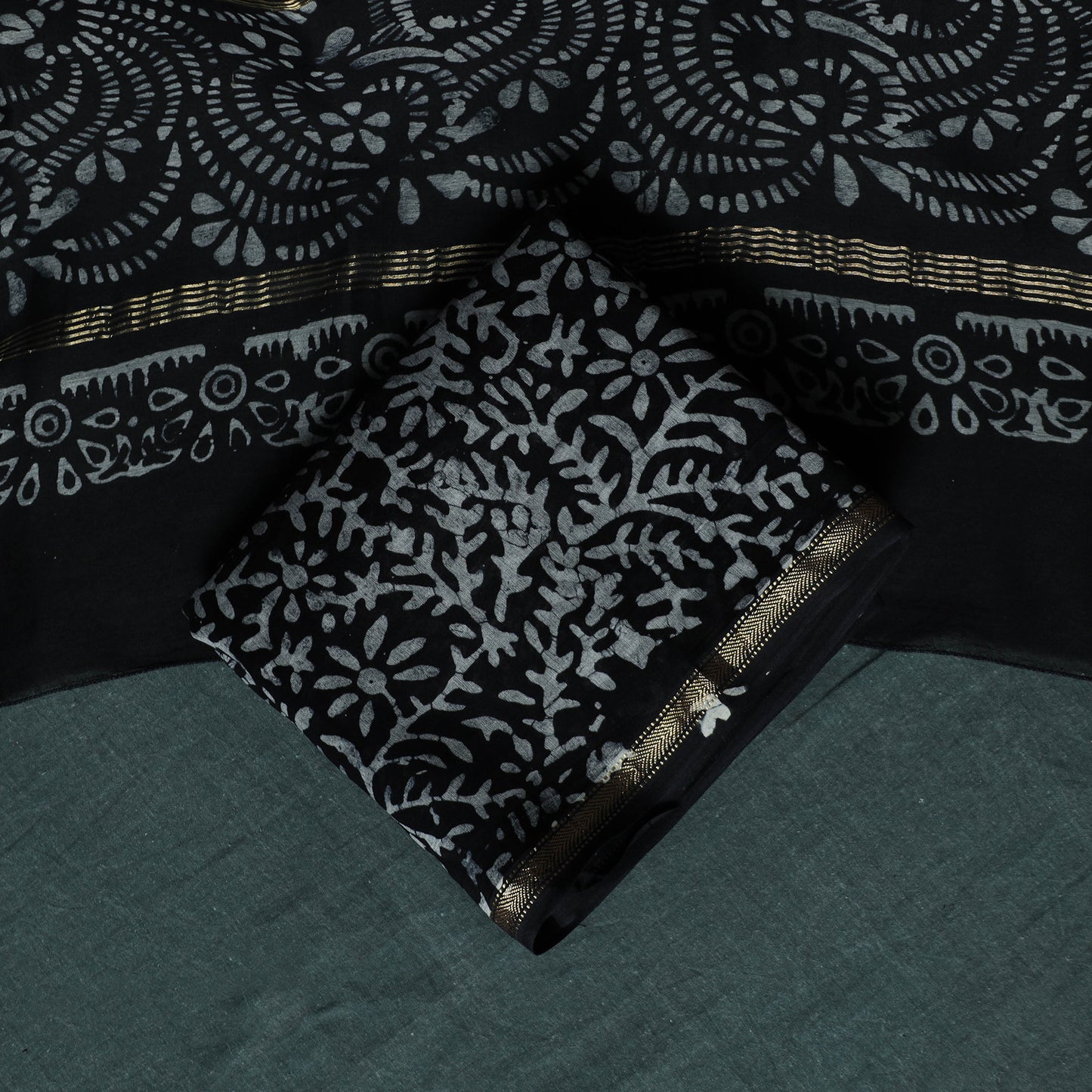 Black - 3pc Chanderi Silk Unstitched Hand Batik Print Dress Material 04