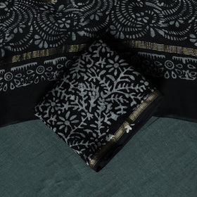 Black - 3pc Chanderi Silk Unstitched Hand Batik Print Dress Material 04