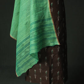 Brown - Pochampally Ikat Weave Cotton 2pc Unstitched Dress Material Kurta Set with Jewellery 02