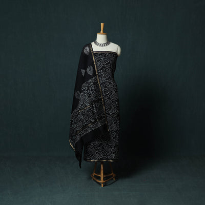 Black - 3pc Chanderi Silk Unstitched Hand Batik Print Dress Material 04