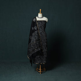 Black - 3pc Chanderi Silk Unstitched Hand Batik Print Dress Material 04