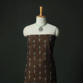 Brown - Pochampally Ikat Weave Cotton 2pc Unstitched Dress Material Kurta Set with Jewellery 02