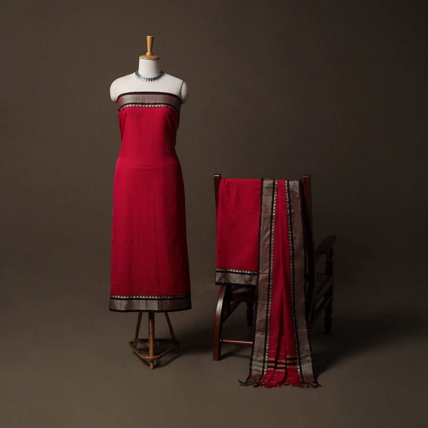 Dharwad Mercerised Cotton 3pc Unstitched Dress Material Suit Set with Woven Border 51