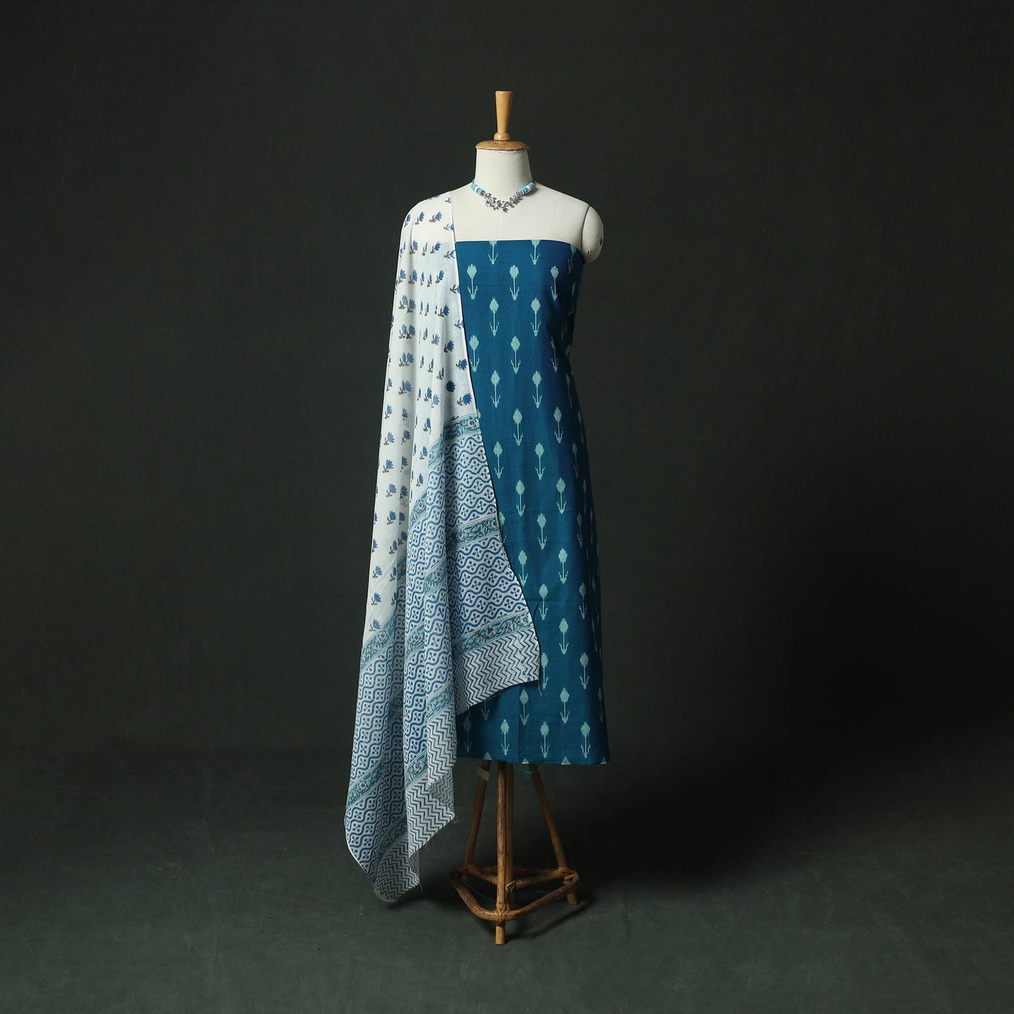 Blue - Pochampally Ikat Weave Cotton 2pc Unstitched Dress Material Kurta Set with Jewellery 03