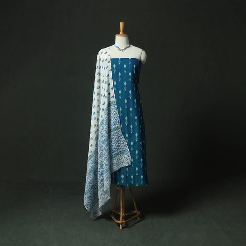 Pochampally Ikat Weave Cotton 2pc Unstitched Dress Material Kurta Set with Jewellery 03