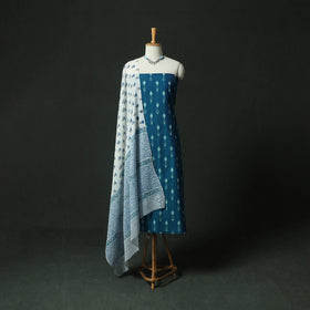 Blue - Pochampally Ikat Weave Cotton 2pc Unstitched Dress Material Kurta Set with Jewellery 03