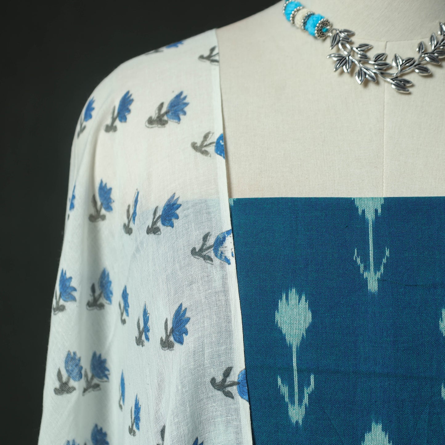 Blue - Pochampally Ikat Weave Cotton 2pc Unstitched Dress Material Kurta Set with Jewellery 03