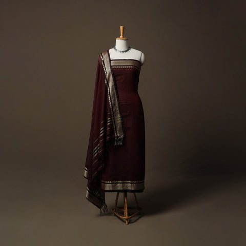 Maroon - Dharwad Mercerised Cotton 3pc Unstitched Dress Material Suit Set with Woven Border 52