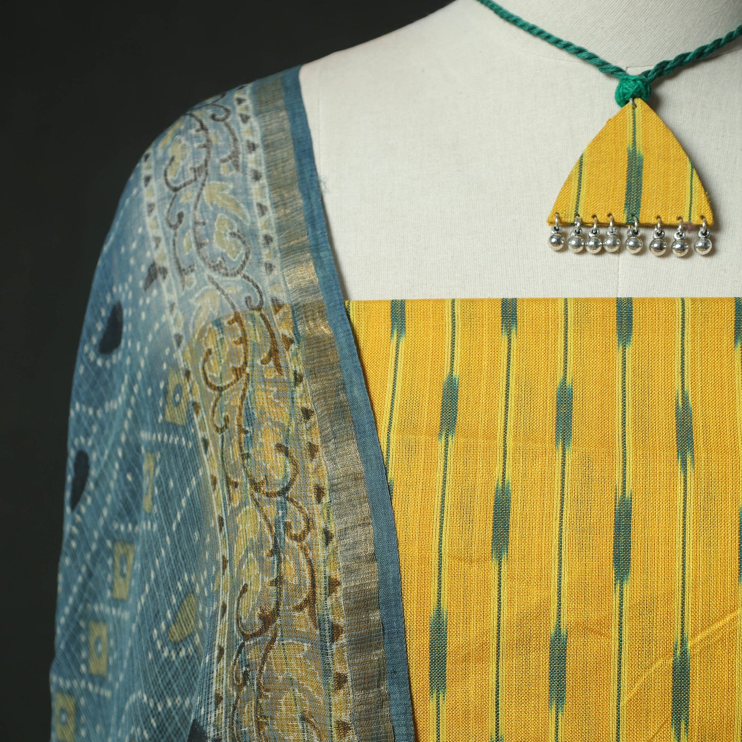 Yellow - Pochampally Ikat Weave Cotton 2pc Unstitched Dress Material Kurta Set with Jewellery 04