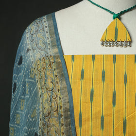 Yellow - Pochampally Ikat Weave Cotton 2pc Unstitched Dress Material Kurta Set with Jewellery 04