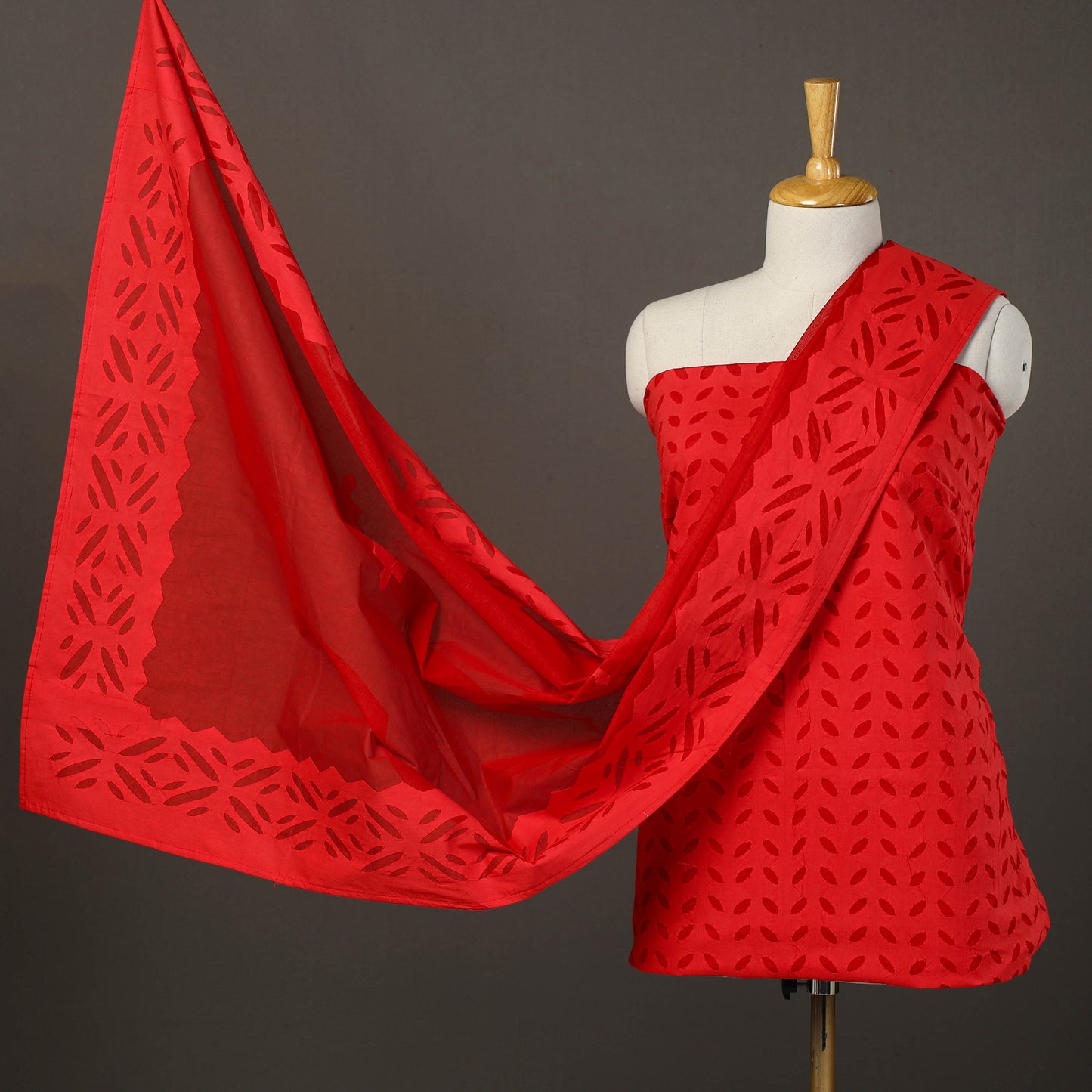 Red - 3pc Cut Work Cotton Barmer Applique Dress Material 14