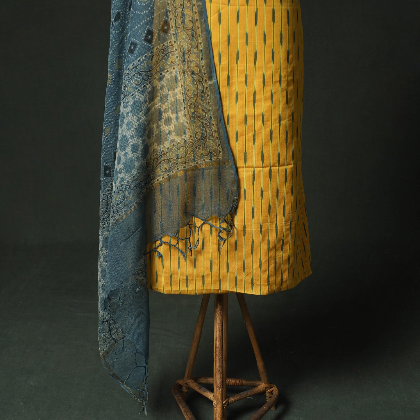 Yellow - Pochampally Ikat Weave Cotton 2pc Unstitched Dress Material Kurta Set with Jewellery 04