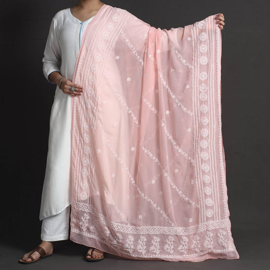 Pink - Lucknow Chikankari Tepchi Embroidery Georgette Dupatta