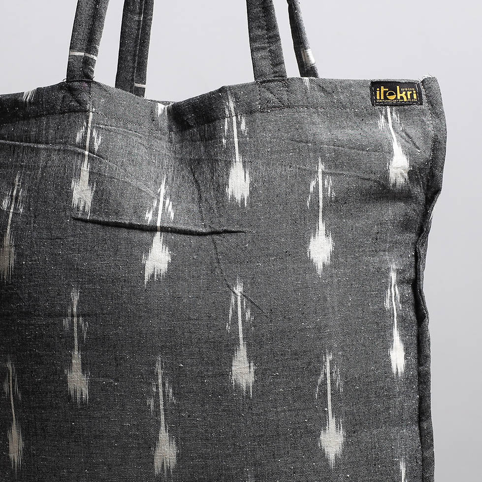 Grey - Handcrafted Pochampally Ikat Weave Cotton Jhola Bag