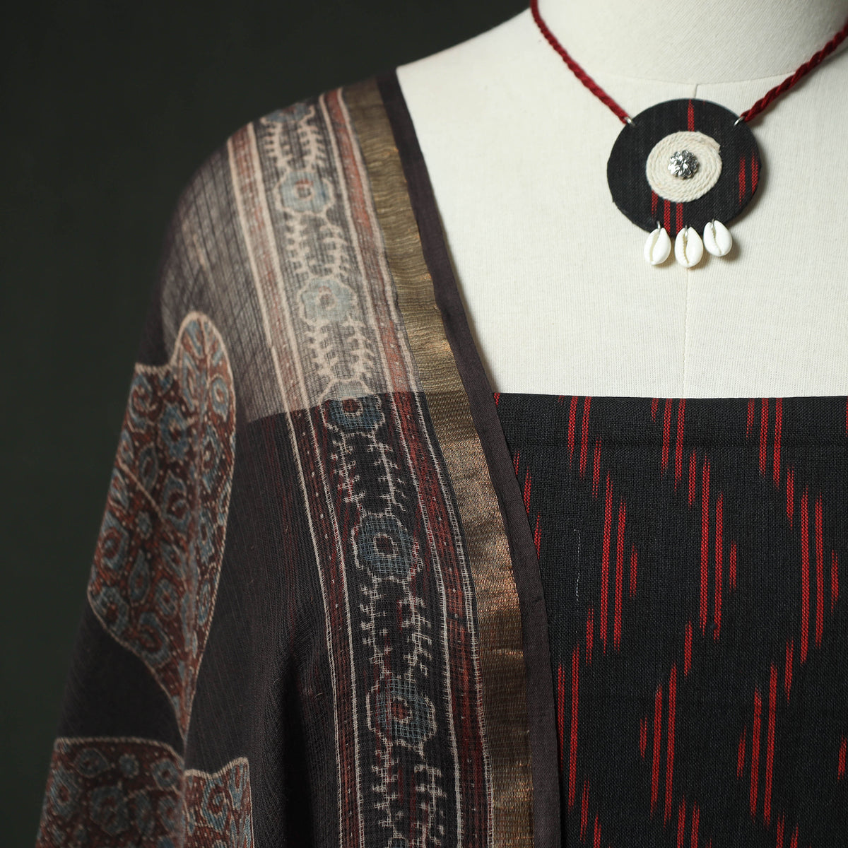 Black - pochampally ikat weave cotton 2pc unstitched dress