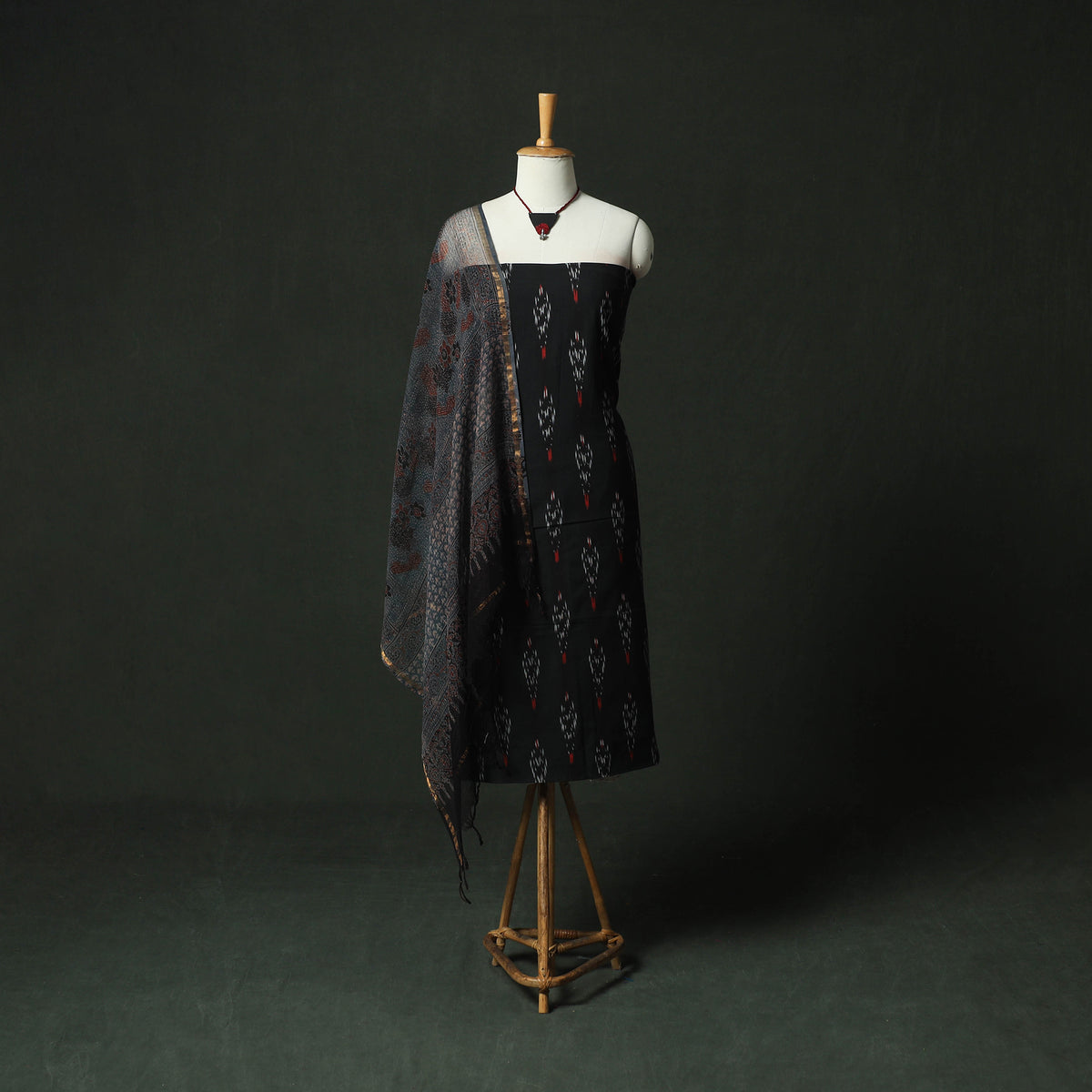 Black - pochampally ikat weave cotton 2pc unstitched dress