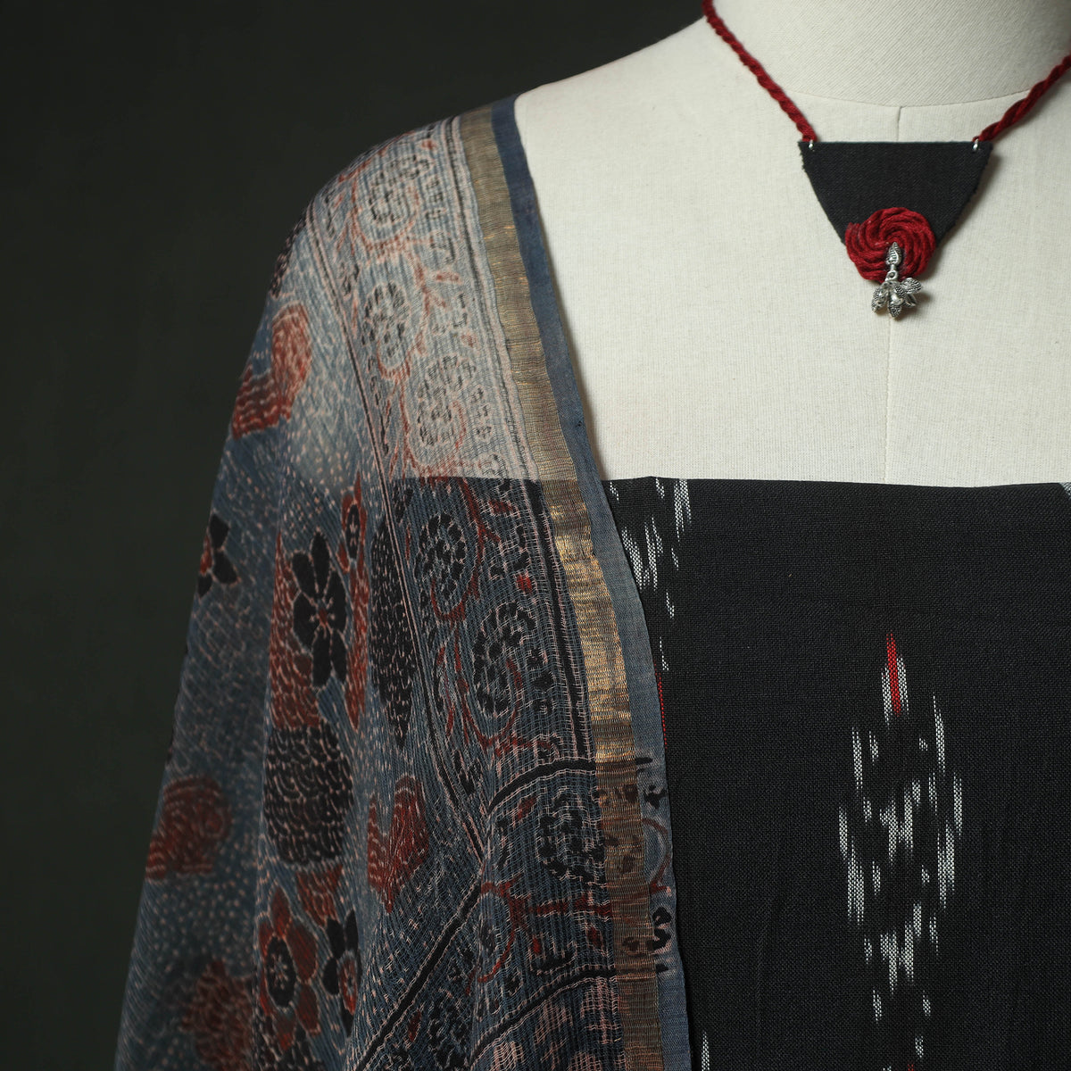 Black - pochampally ikat weave cotton 2pc unstitched dress