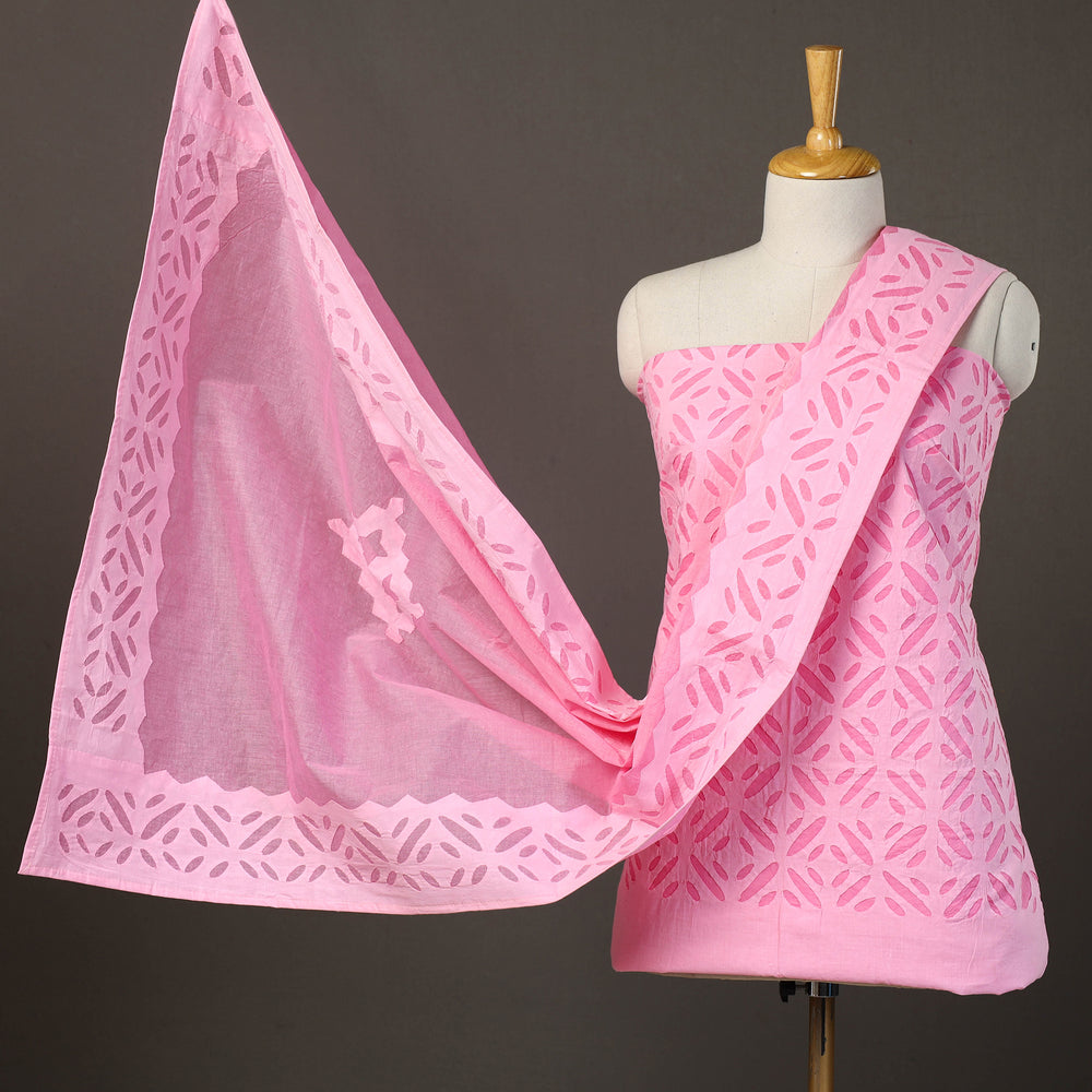 Pink - 3pc Cut Work Cotton Barmer Applique Dress Material 20