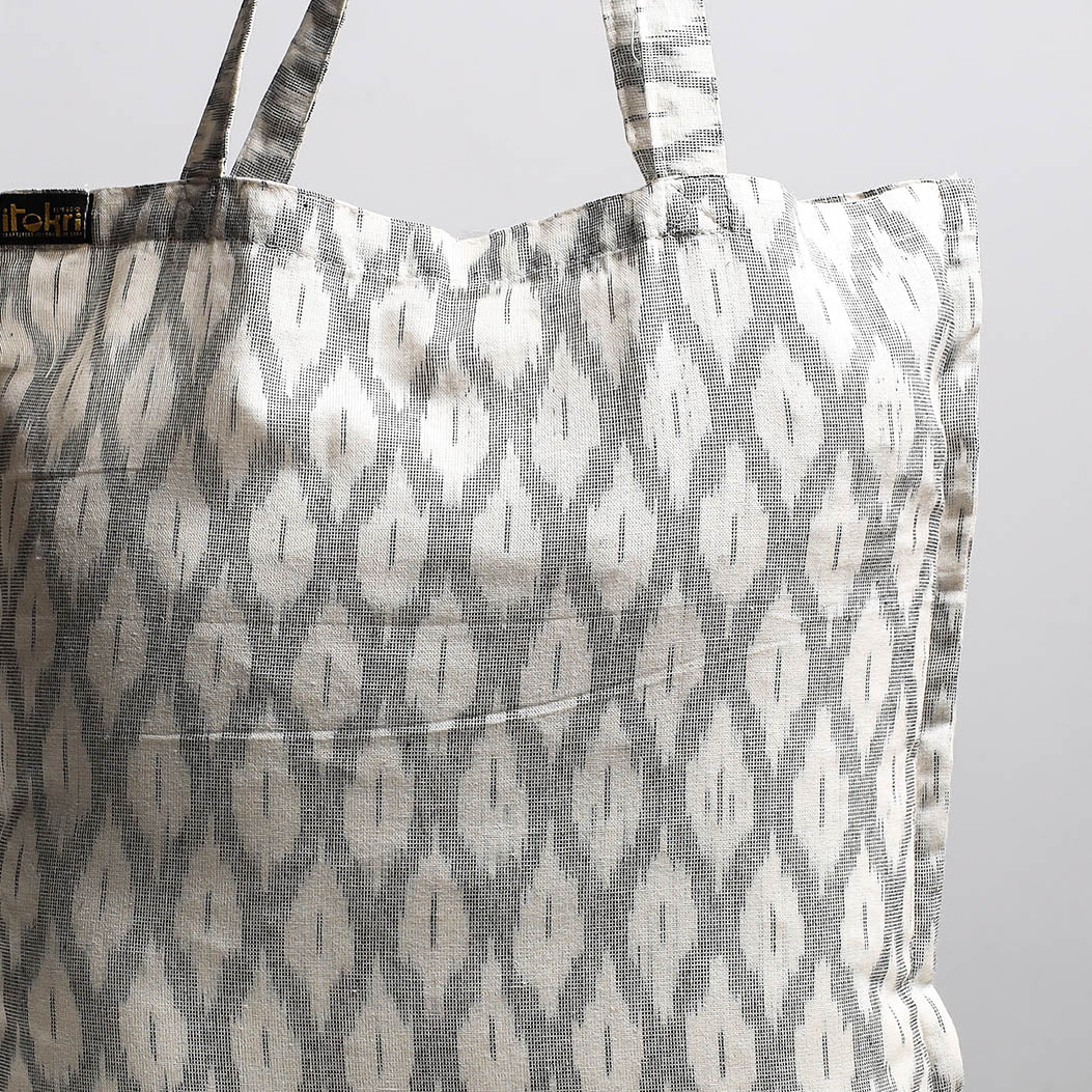 Beige - Handcrafted Pochampally Ikat Weave Cotton Jhola Bag