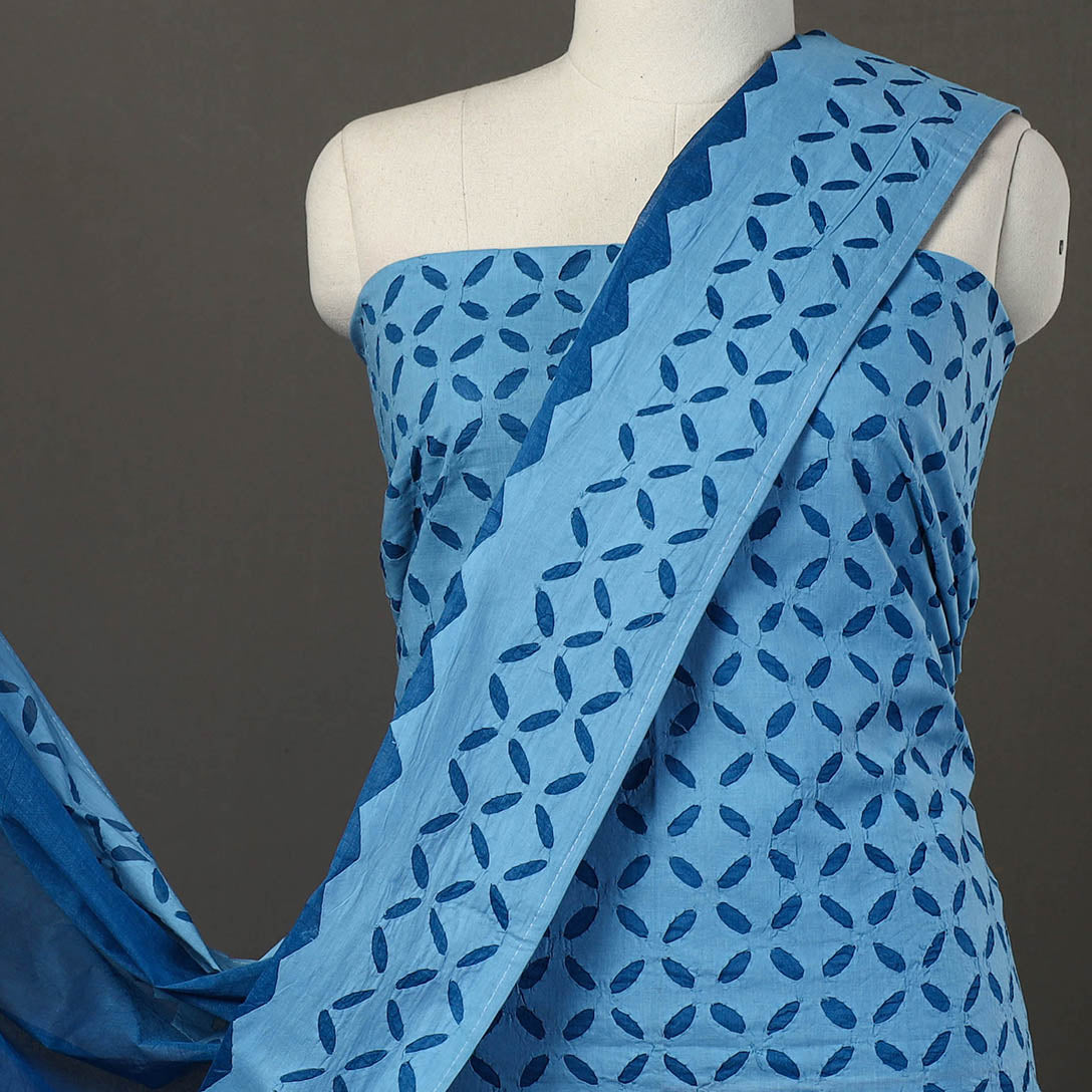 Blue - 3pc Cut Work Cotton Barmer Applique Dress Material 24