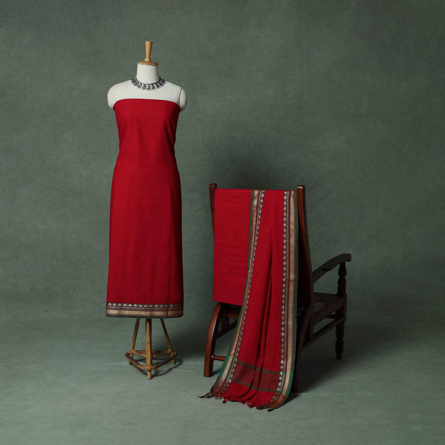 Red - Dharwad Cotton 3pc Unstitched Dress Material Suit Set with Woven Thread Border 02