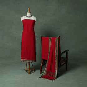 Red - Dharwad Cotton 3pc Unstitched Dress Material Suit Set with Woven Thread Border 02