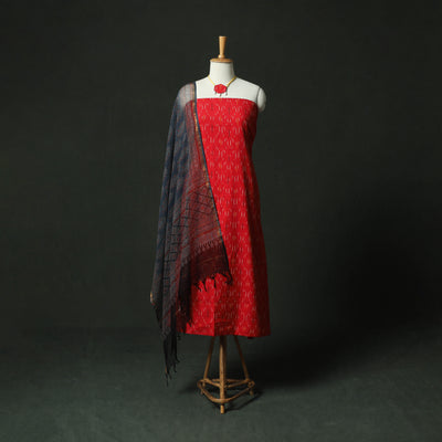 Red - pochampally ikat weave cotton 2pc unstitched dress