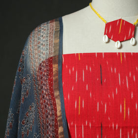 Red - pochampally ikat weave cotton 2pc unstitched dress