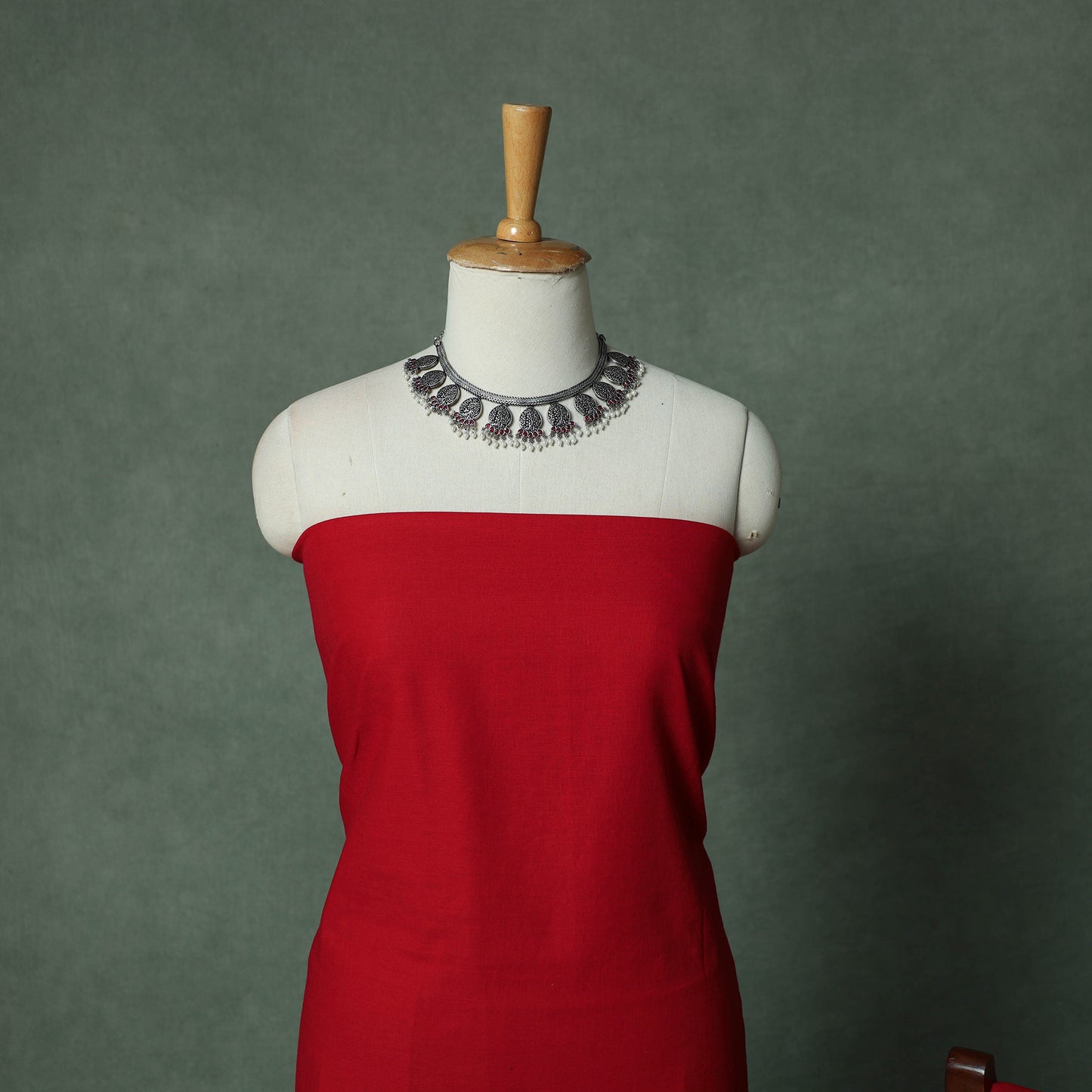 Red - Dharwad Cotton 3pc Unstitched Dress Material Suit Set with Woven Thread Border 02