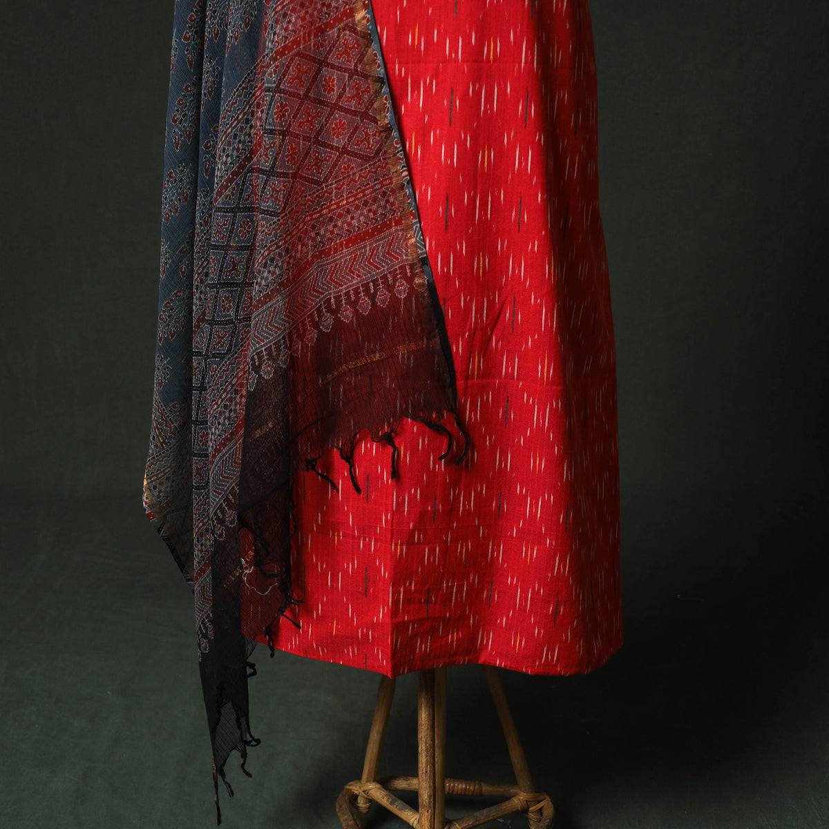 Red - pochampally ikat weave cotton 2pc unstitched dress