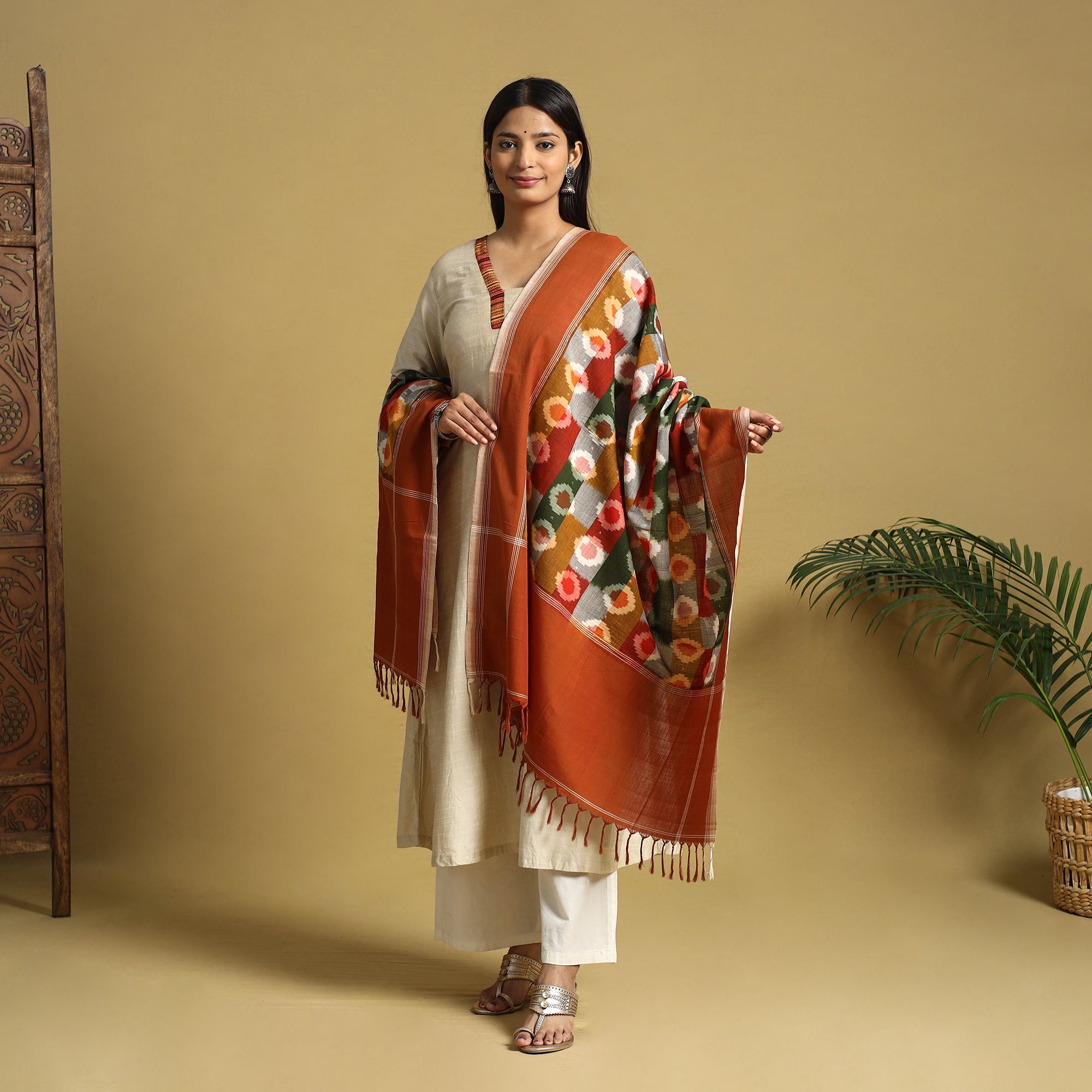 Brown - Mercerized Cotton Flared Pochampally Ikat Dress 03 main image 1